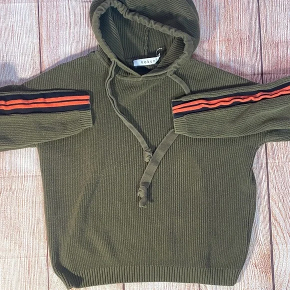 Kokun Women’s Green Knit Hoodie Medium Ribbed Pullover Sporty Athleisure - Picture 13 of 13
